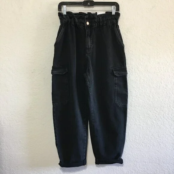ZARA High Waist Baggy Fit Paper Bag Carrot Leg Ankle Rigid Black Womens 6 - Picture 4 of 16